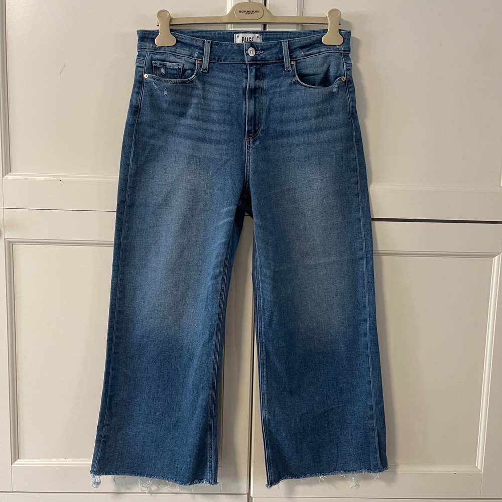 Paige Anessa High Rise Wide Leg Raw Hem Blue Jeans Size 32 Distressed Denim